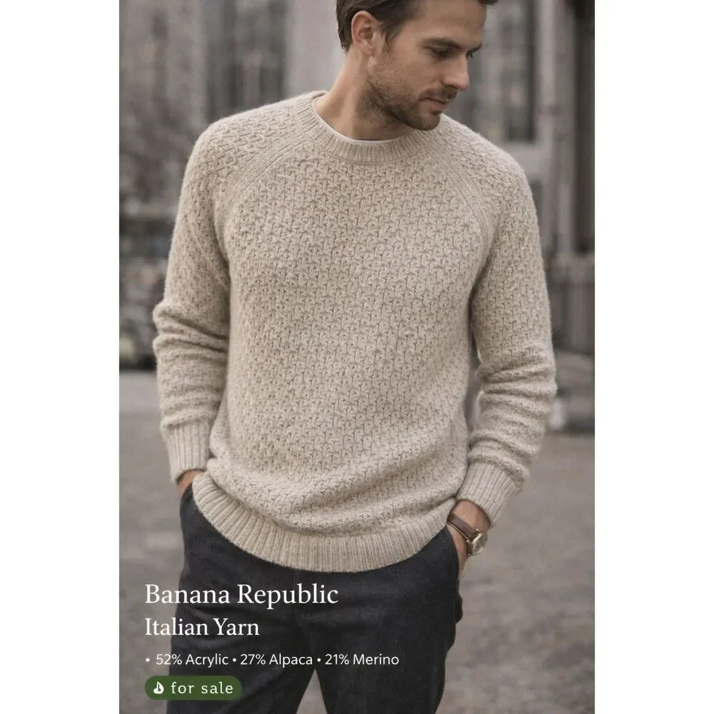 Men's Banana Republic Sweater XL Beige Italian Yarn Soft Knit Cozy Minimalist